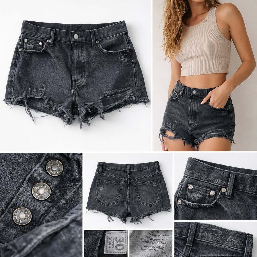 Free People We The Free Makai Cut-Off Distressed Denim Shorts Black Size 30